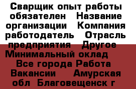 Сварщик-опыт работы обязателен › Название организации ­ Компания-работодатель › Отрасль предприятия ­ Другое › Минимальный оклад ­ 1 - Все города Работа » Вакансии   . Амурская обл.,Благовещенск г.